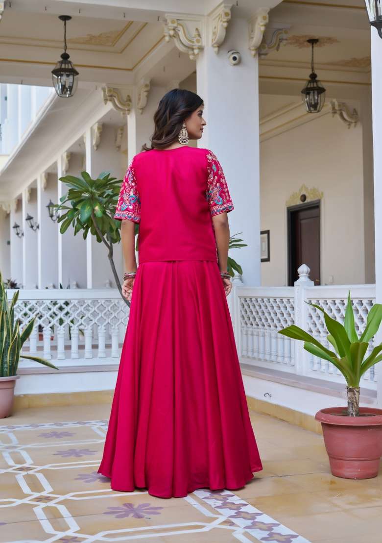 Pink Vichitra Lehenga Set with Embroidery for Diwali | Wedding & Festive Wear - Indya