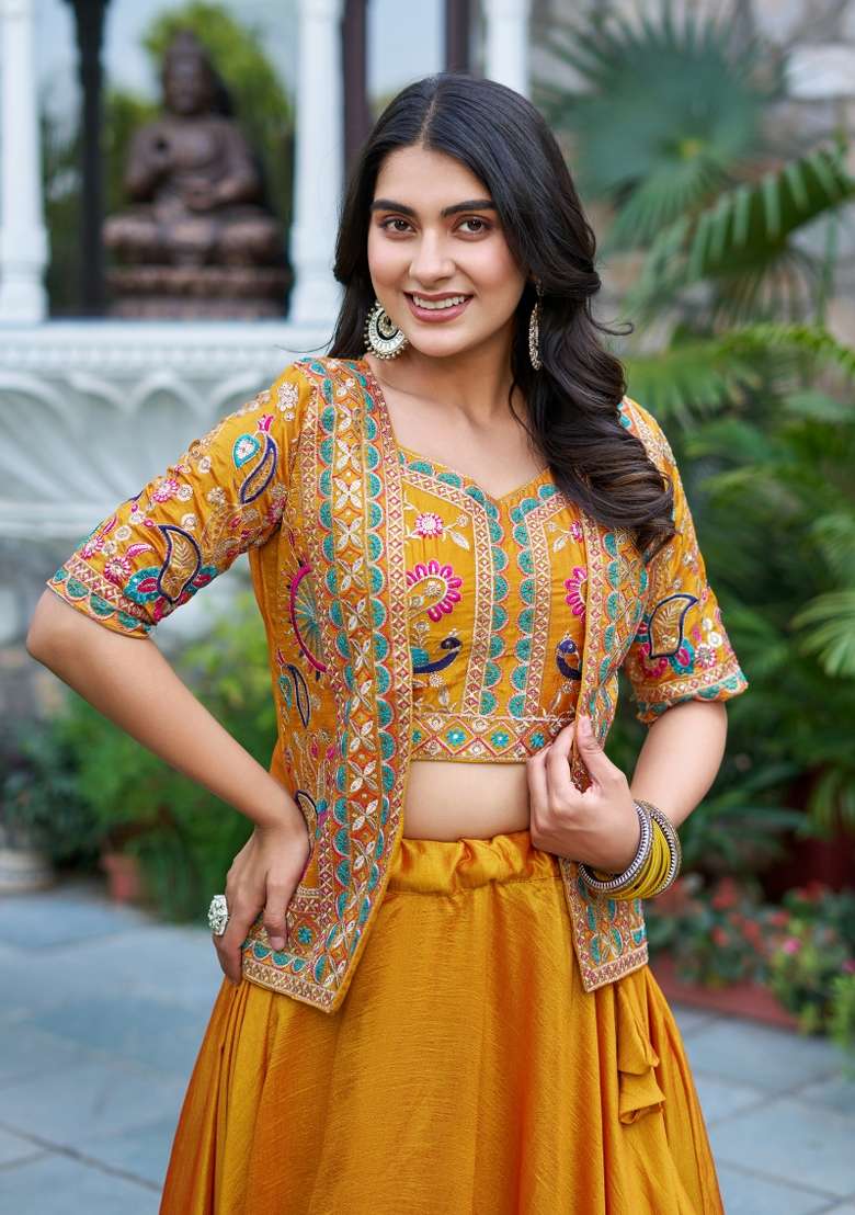 Yellow Embroidery Vichitra Lehenga Set for Diwali and Festive Wear - Indya