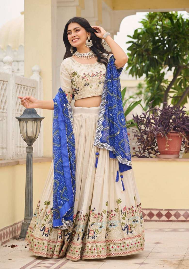 Blue Work Silk Lehenga Set with Sequin for Diwali | Wedding & Festive Wear - Indya
