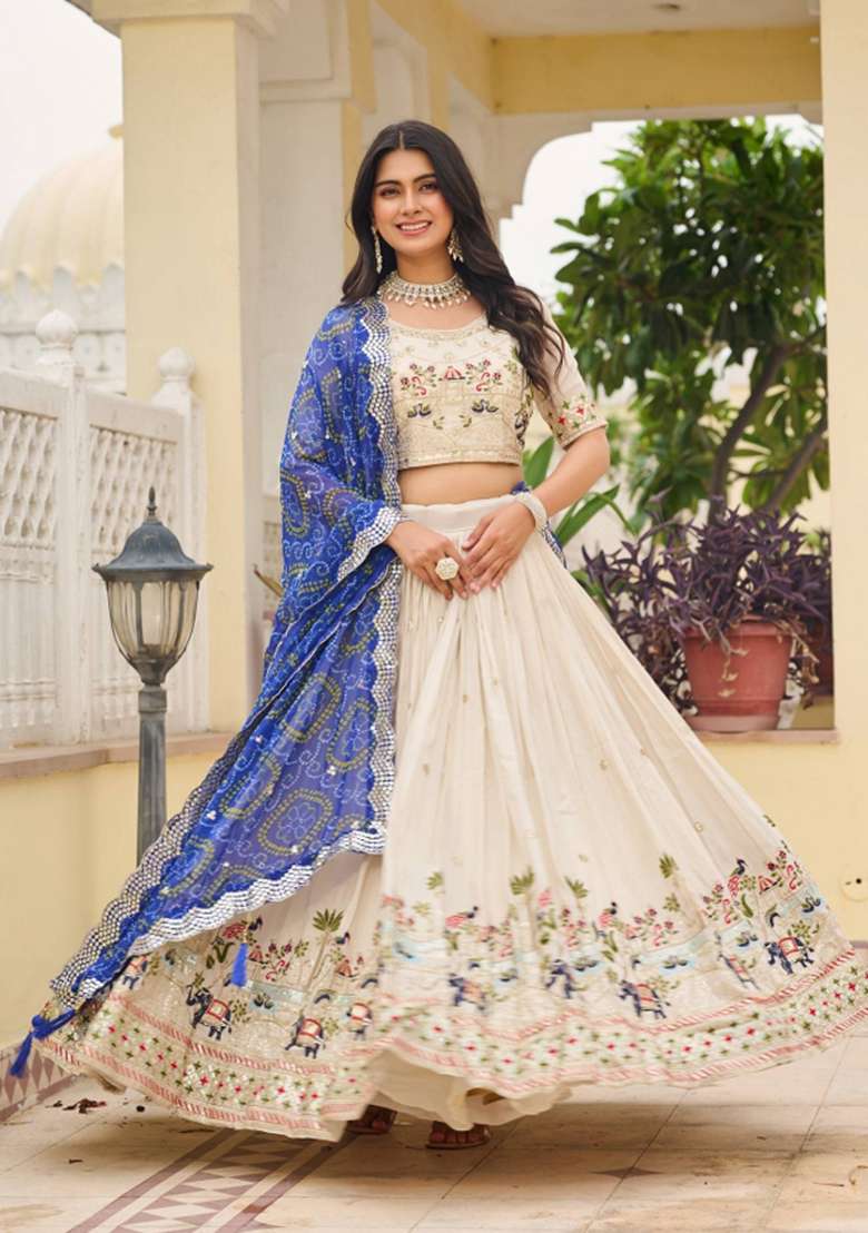 Blue Work Silk Lehenga Set with Sequin for Diwali | Wedding & Festive Wear - Indya
