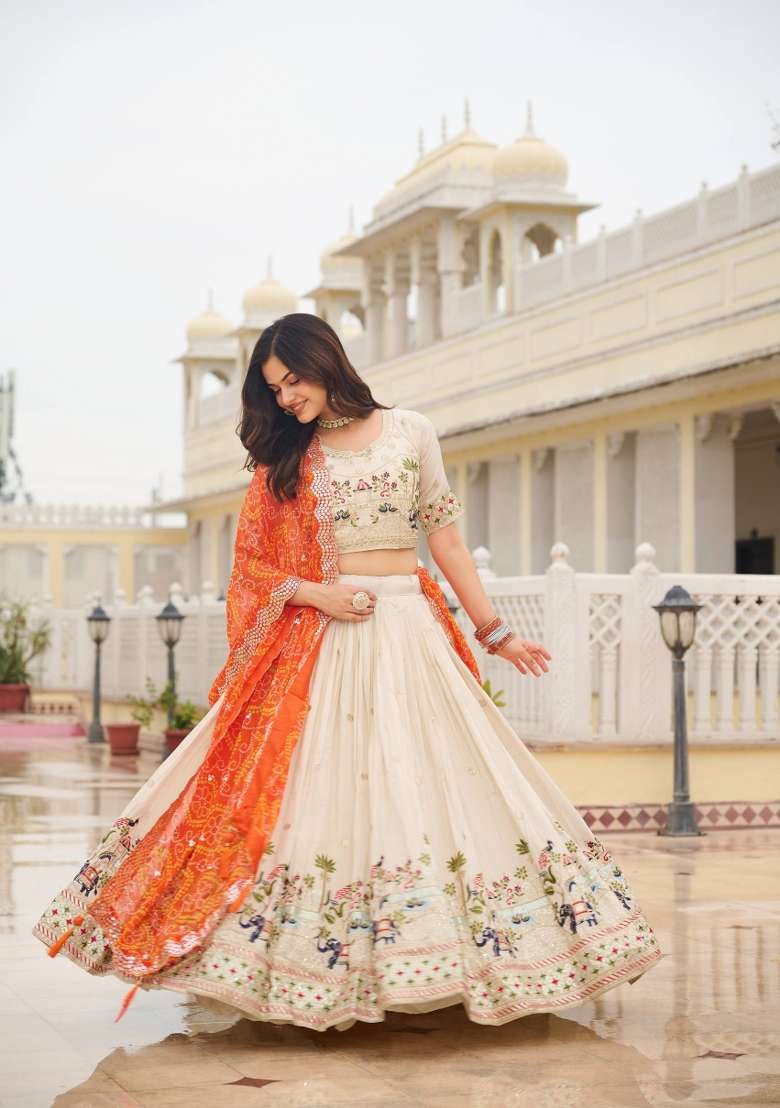 Orange Work Silk Lehenga Set with Sequin for Diwali | Wedding & Festive Wear - Indya