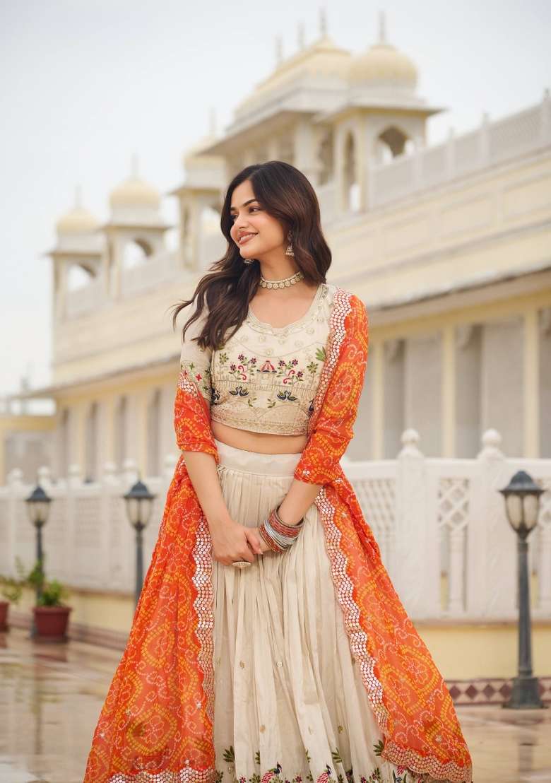Orange Work Silk Lehenga Set with Sequin for Diwali | Wedding & Festive Wear - Indya