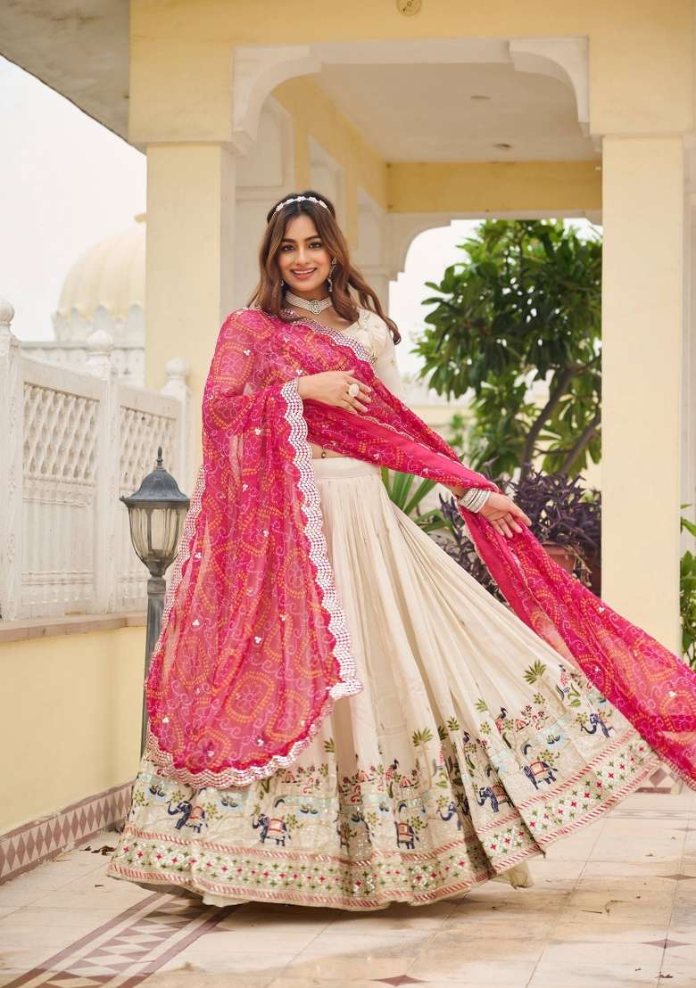 Pink Sequin Work Silk Lehenga Set for Diwali and Festive Wear - Indya