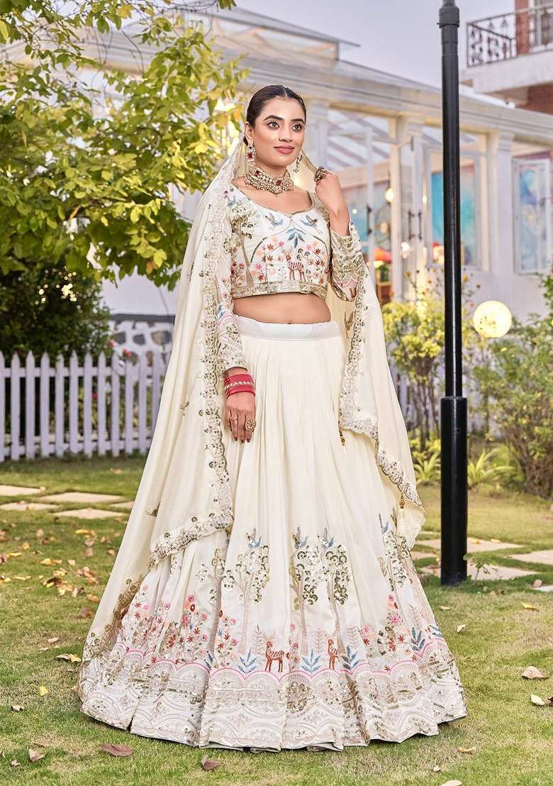 Beige Sequin Work Vichitra Lehenga Set for Diwali and Festive Wear - Indya