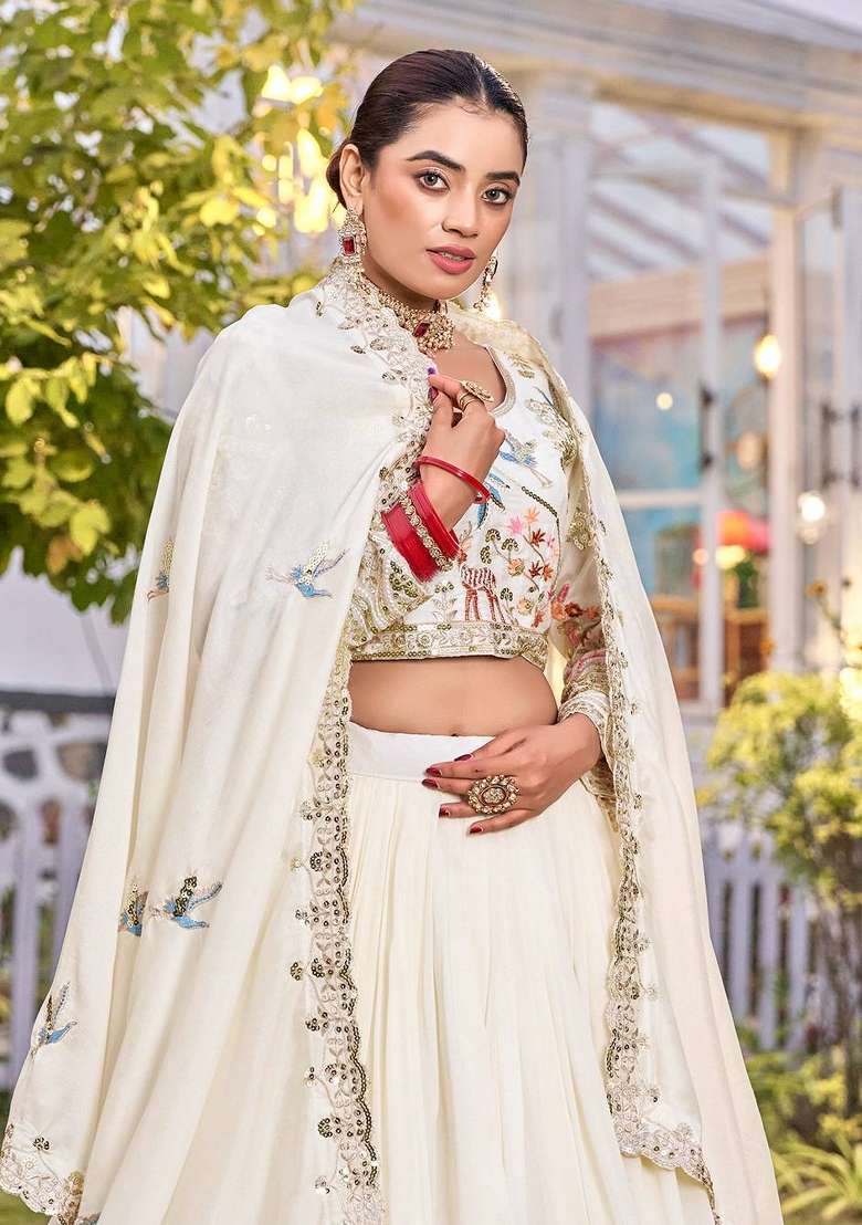 Beige Sequin Work Vichitra Lehenga Set for Diwali and Festive Wear - Indya