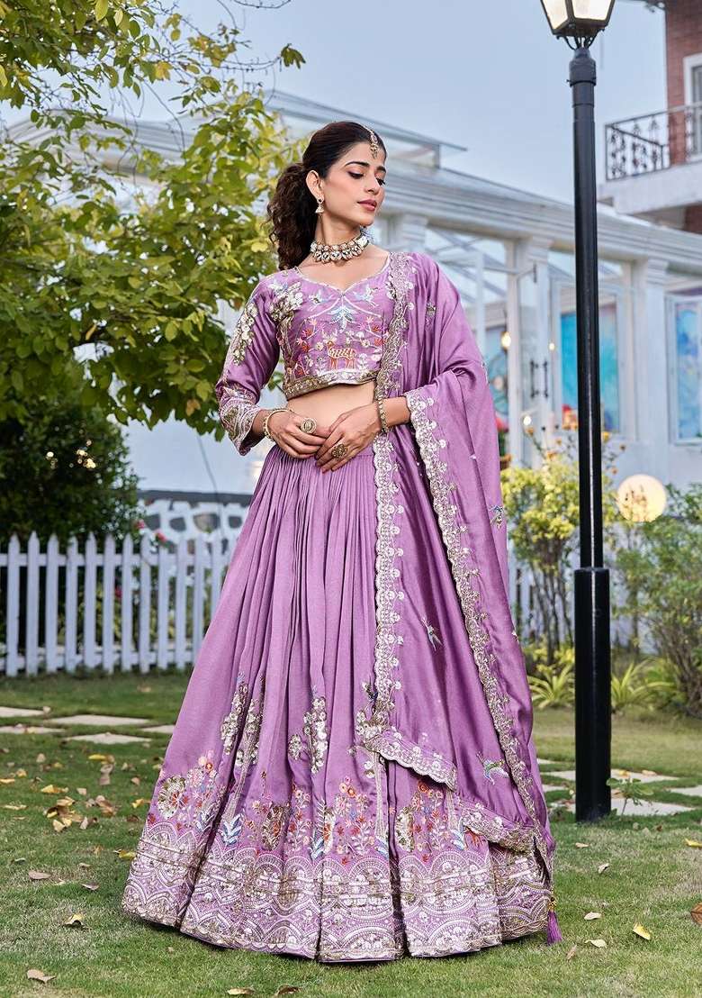 Lavender Work Vichitra Lehenga Set with Sequin for Diwali | Wedding & Festive Wear - Indya