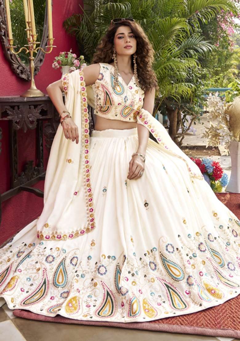 Beige Sequin Work Vichitra Lehenga Set for Diwali and Festive Wear - Indya
