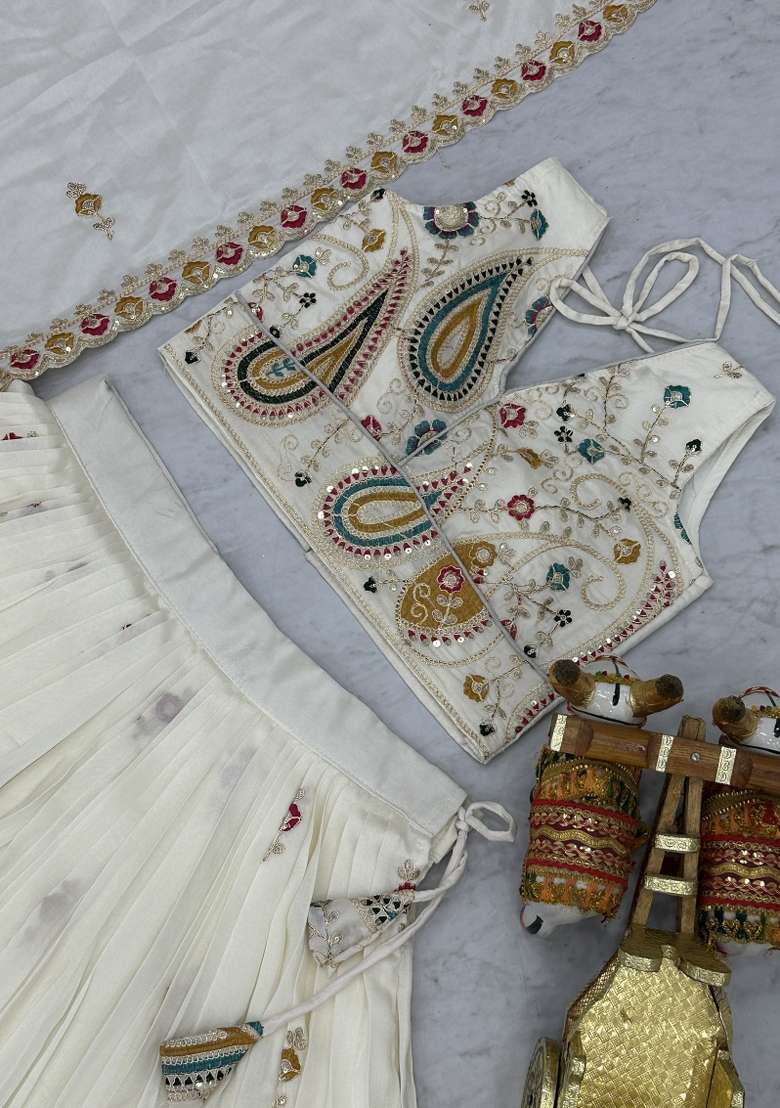 Beige Sequin Work Vichitra Lehenga Set for Diwali and Festive Wear - Indya