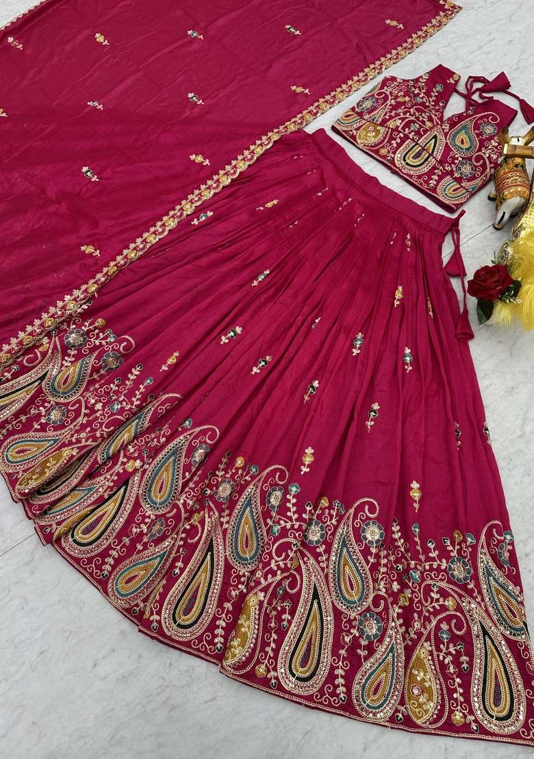 Pink Work Vichitra Lehenga Set with Sequin for Diwali | Wedding & Festive Wear - Indya