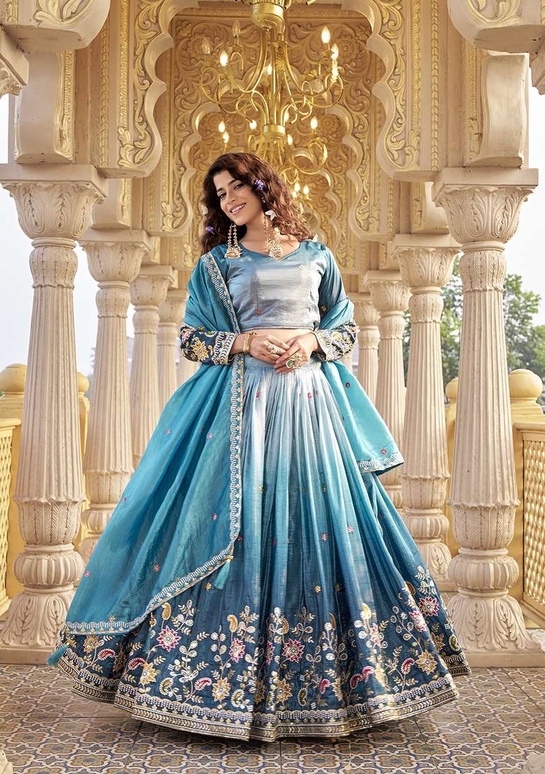 Teal Work Gold Crush Lehenga Set with Sequin for Diwali | Wedding & Festive Wear - Indya