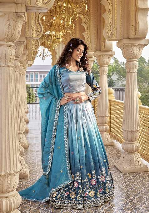 Teal Work Gold Crush Lehenga Set with Sequin for Diwali | Wedding & Festive Wear
