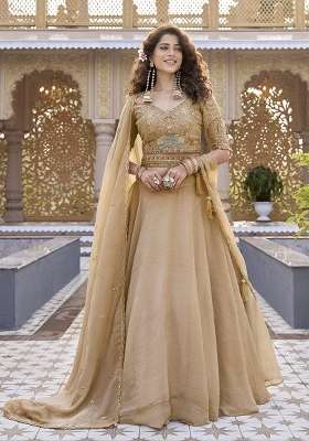 Cream Sequin Work Crunchy Lehenga Set for Diwali and Festive Wear