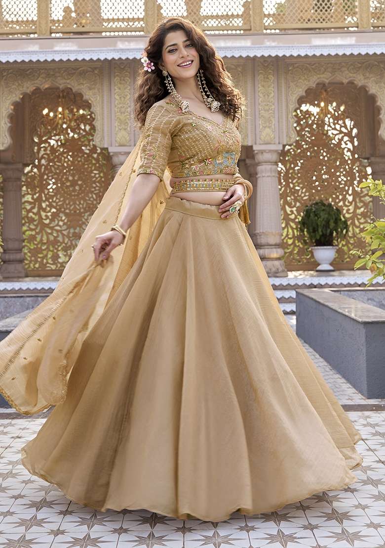 Cream Sequin Work Crunchy Lehenga Set for Diwali and Festive Wear - Indya