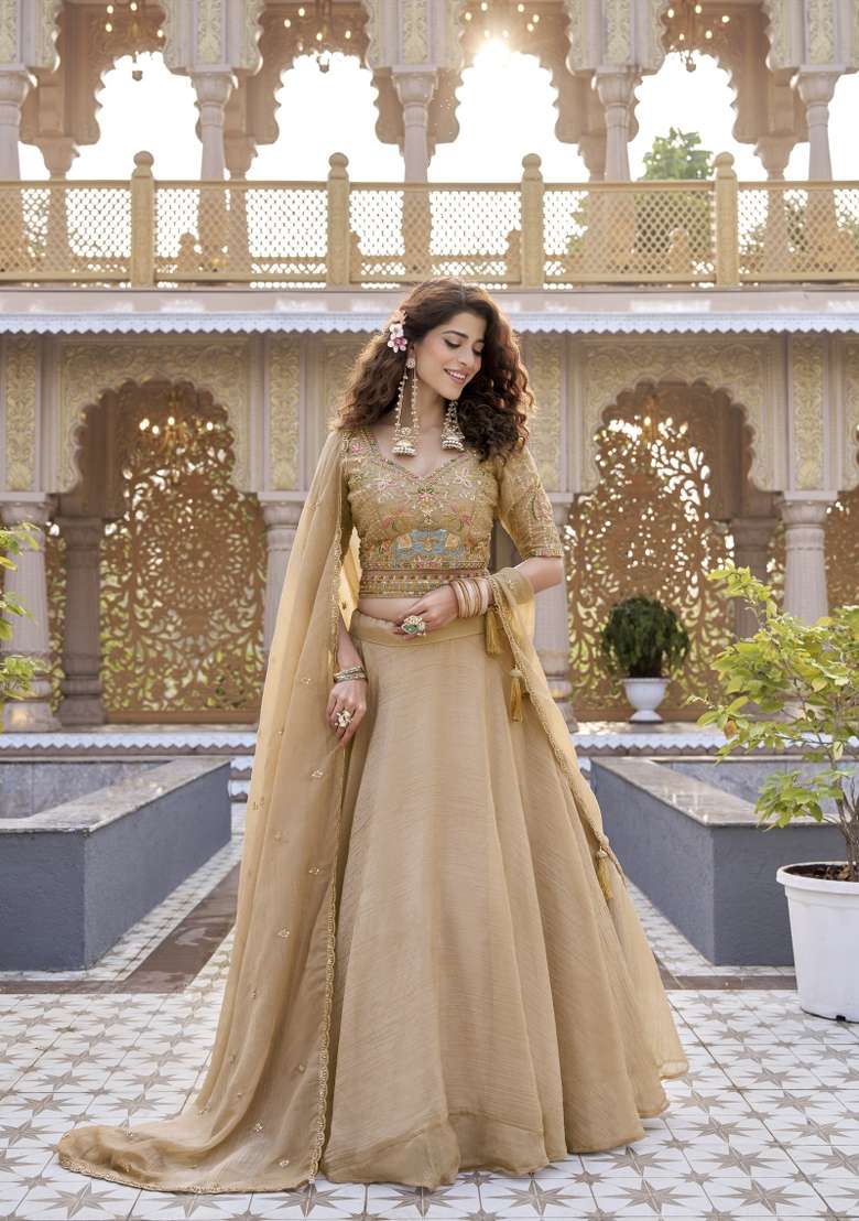 Cream Sequin Work Crunchy Lehenga Set for Diwali and Festive Wear - Indya