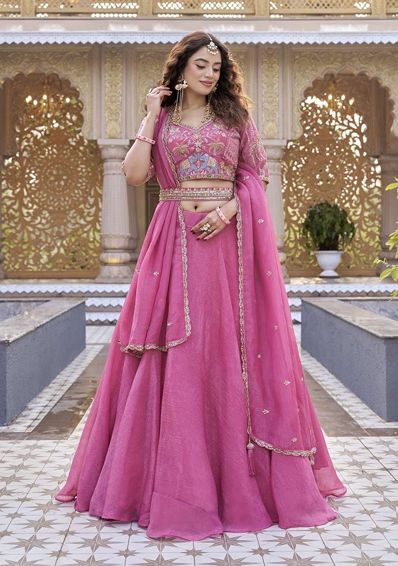 Light Pink Sequin Work Crunchy Lehenga Set for Diwali and Festive Wear - Indya