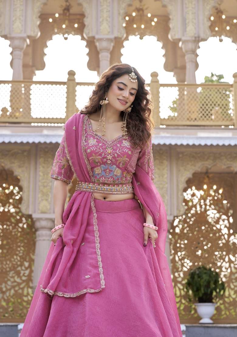 Light Pink Sequin Work Crunchy Lehenga Set for Diwali and Festive Wear - Indya