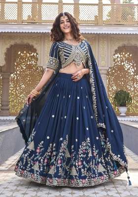Blue Work Vichitra Lehenga Set with Sequin for Diwali | Wedding & Festive Wear
