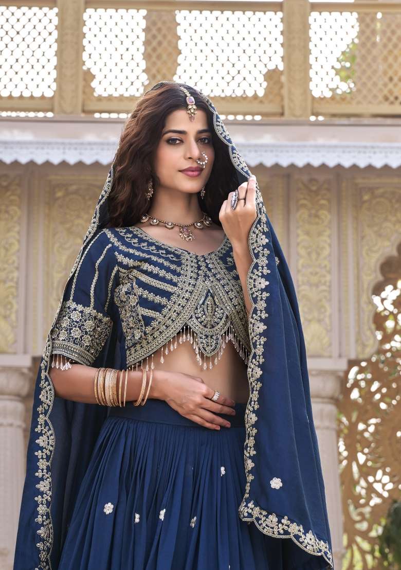 Blue Work Vichitra Lehenga Set with Sequin for Diwali | Wedding & Festive Wear - Indya