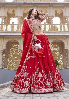 Red Sequin Work Vichitra Lehenga Set for Diwali and Festive Wear