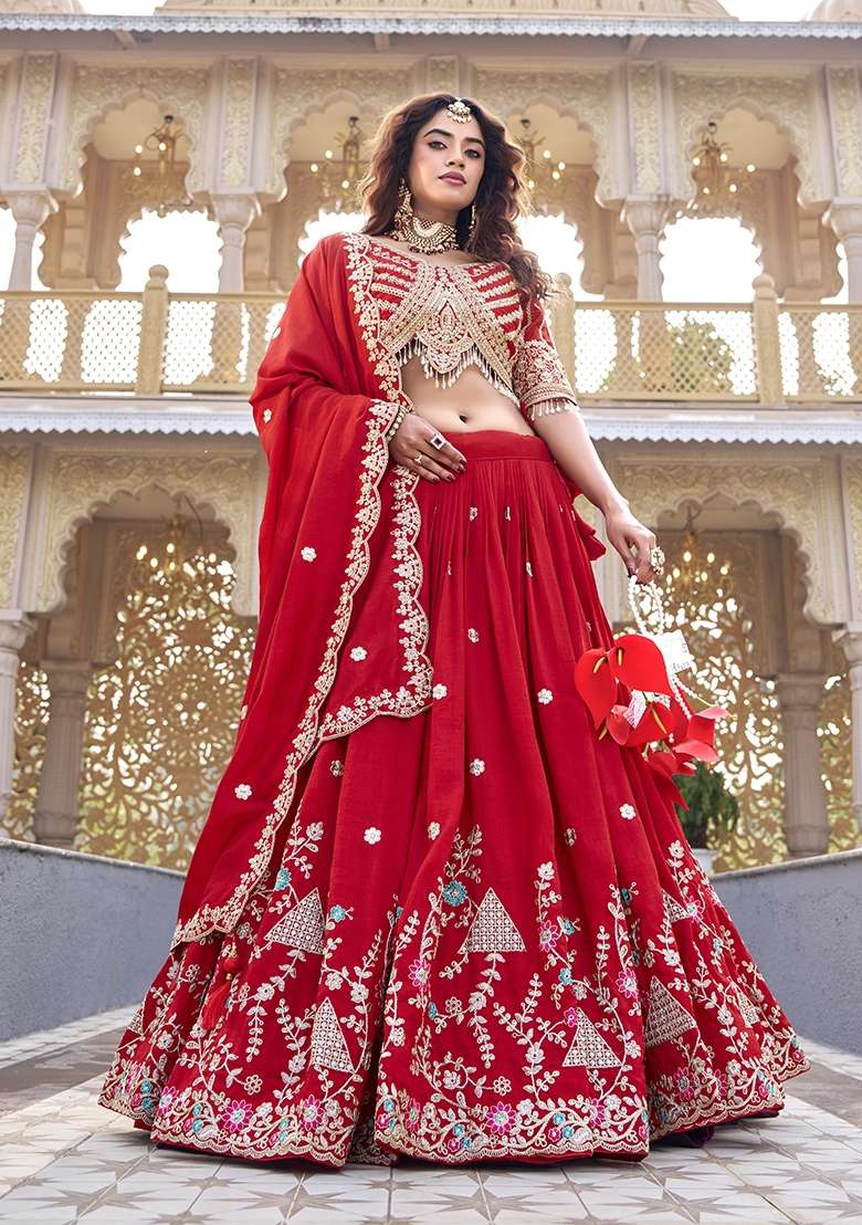 Red Sequin Work Vichitra Lehenga Set for Diwali and Festive Wear - Indya