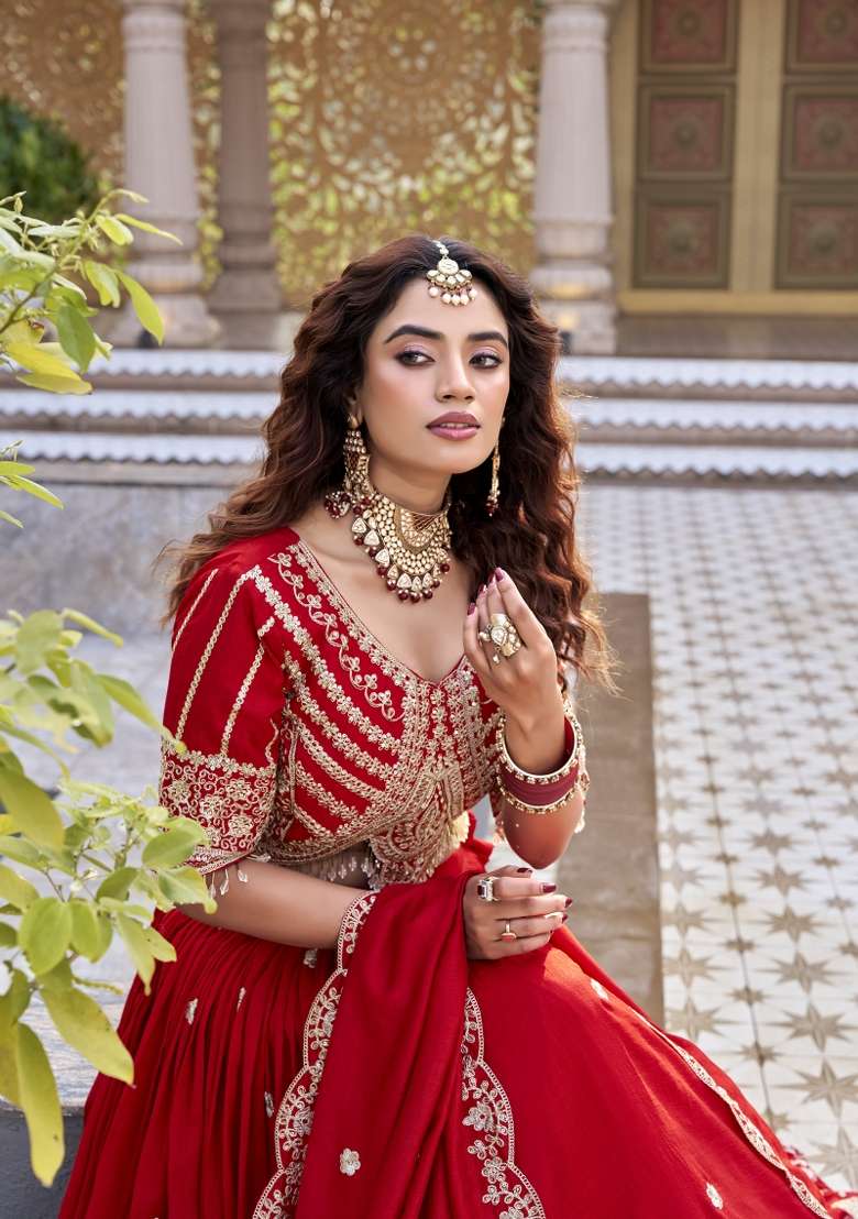 Red Sequin Work Vichitra Lehenga Set for Diwali and Festive Wear - Indya
