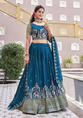 Blue Work Vichitra Lehenga Set with Sequin for Diwali | Wedding & Festive Wear