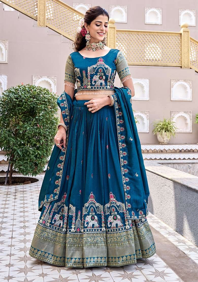 Blue Work Vichitra Lehenga Set with Sequin for Diwali | Wedding & Festive Wear - Indya