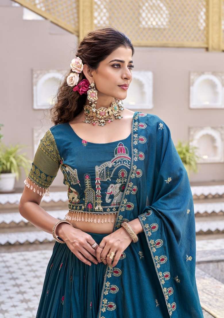 Blue Work Vichitra Lehenga Set with Sequin for Diwali | Wedding & Festive Wear - Indya