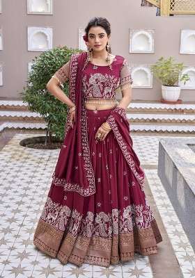 Maroon Work Vichitra Lehenga Set with Sequin for Diwali | Wedding & Festive Wear