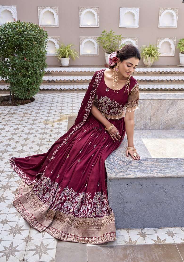 Maroon Work Vichitra Lehenga Set with Sequin for Diwali | Wedding & Festive Wear - Indya