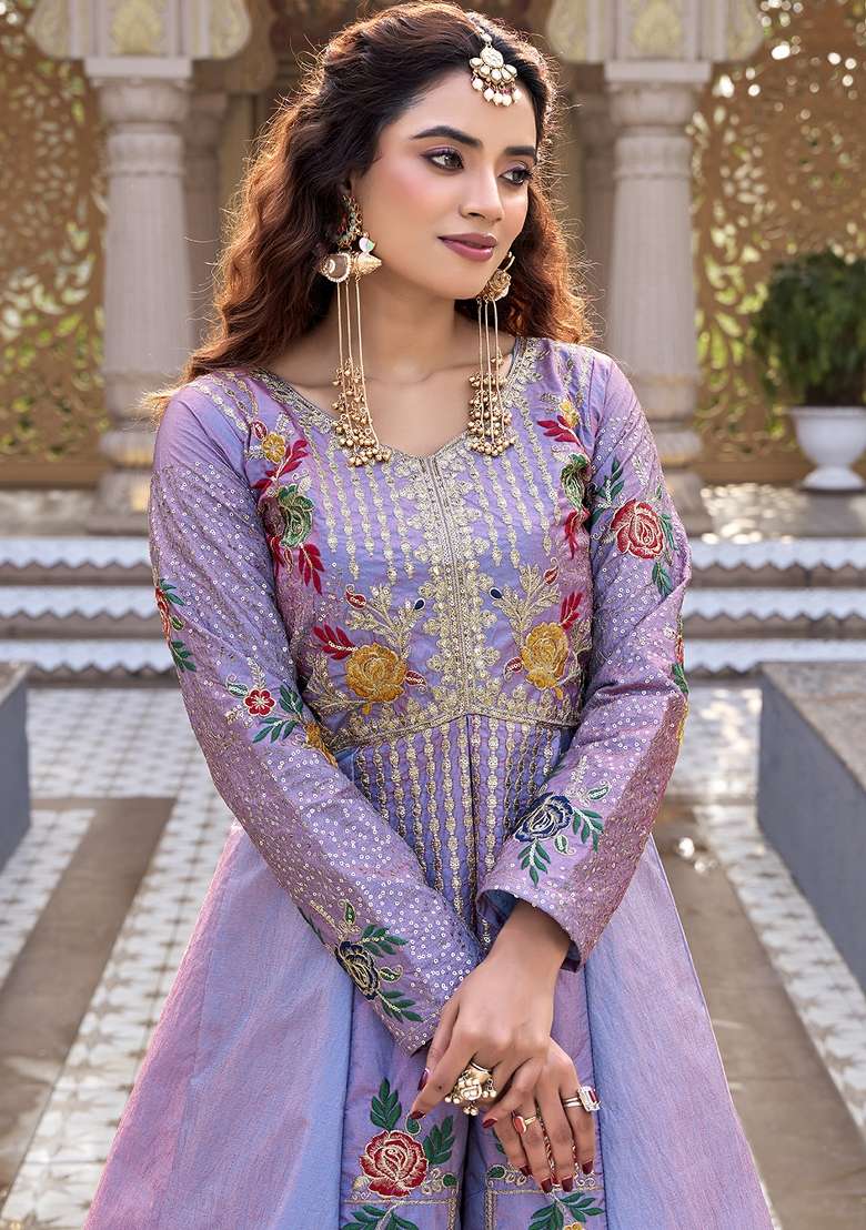 Lavender Sequin Work Silk Lehenga Set for Diwali and Festive Wear - Indya
