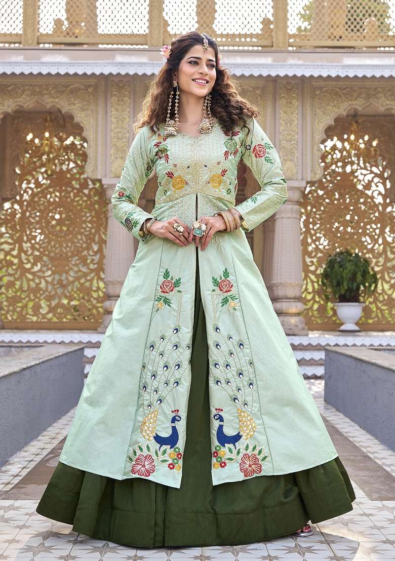 Pista Sequin Work Silk Lehenga Set for Diwali and Festive Wear - Indya