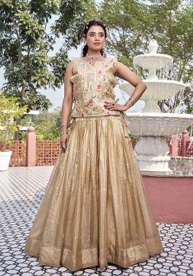 Cream Sequin Work Gold Crush Lehenga Set for Diwali and Festive Wear