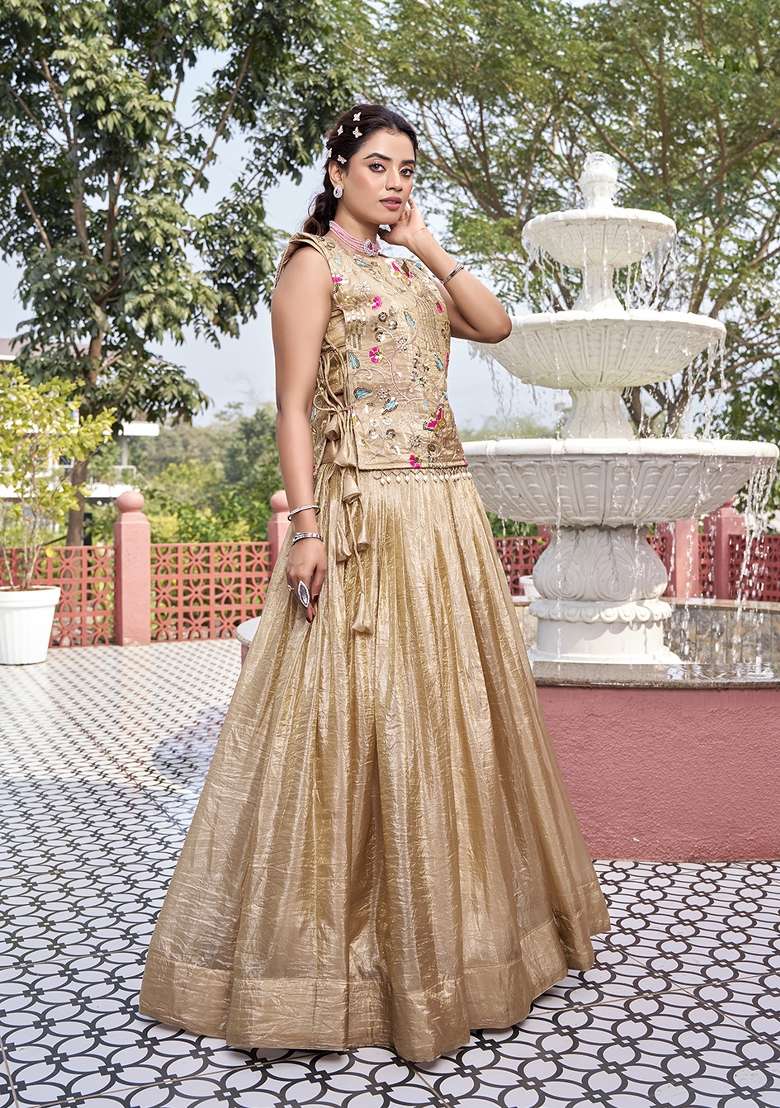 Cream Sequin Work Gold Crush Lehenga Set for Diwali and Festive Wear - Indya