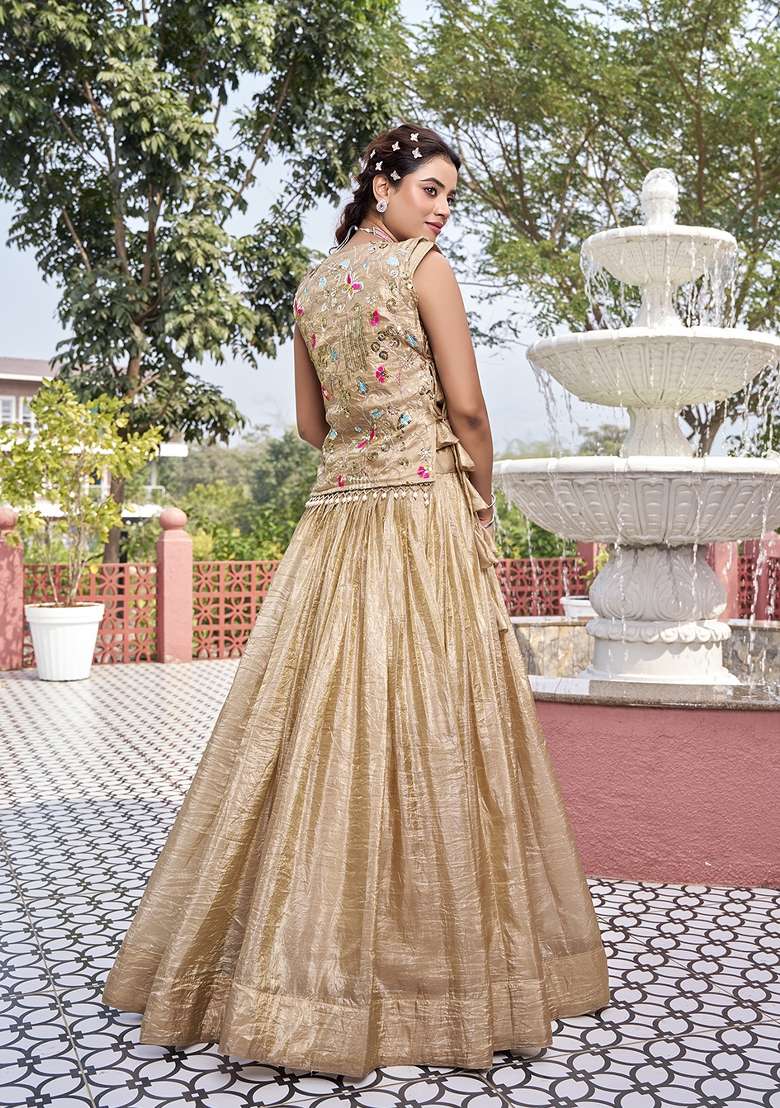 Cream Sequin Work Gold Crush Lehenga Set for Diwali and Festive Wear - Indya