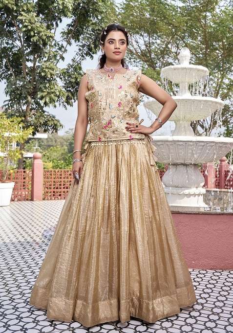 Cream Sequin Work Gold Crush Lehenga Set for Diwali and Festive Wear