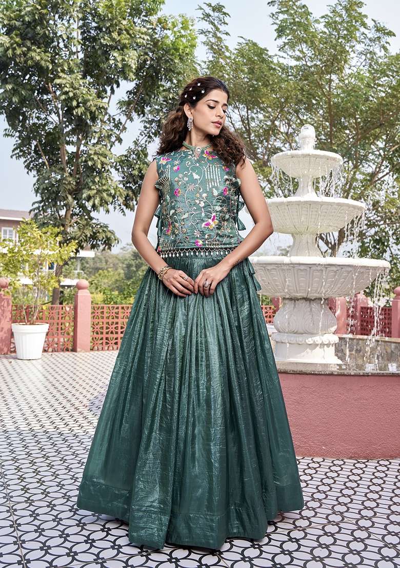 Green Work Gold Crush Lehenga Set with Sequin for Diwali | Wedding & Festive Wear - Indya