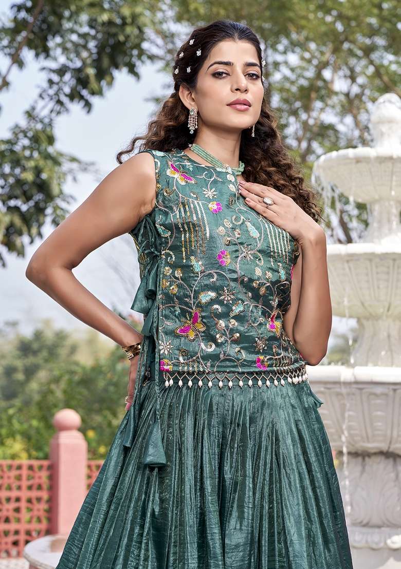 Green Work Gold Crush Lehenga Set with Sequin for Diwali | Wedding & Festive Wear - Indya