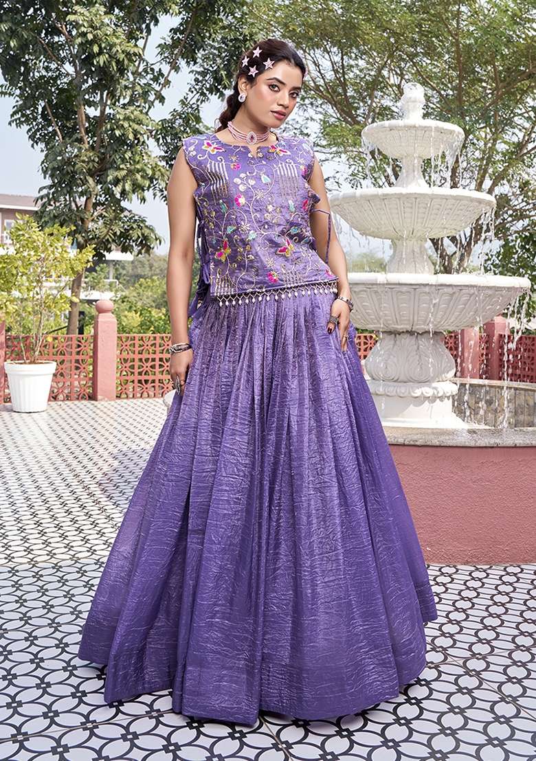 Purple Work Gold Crush Lehenga Set with Sequin for Diwali | Wedding & Festive Wear - Indya