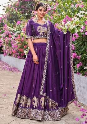 Wine Sequin Work Vichitra Lehenga Set for Diwali and Festive Wear