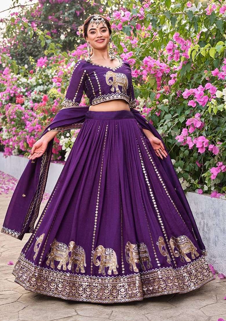 Wine Sequin Work Vichitra Lehenga Set for Diwali and Festive Wear - Indya