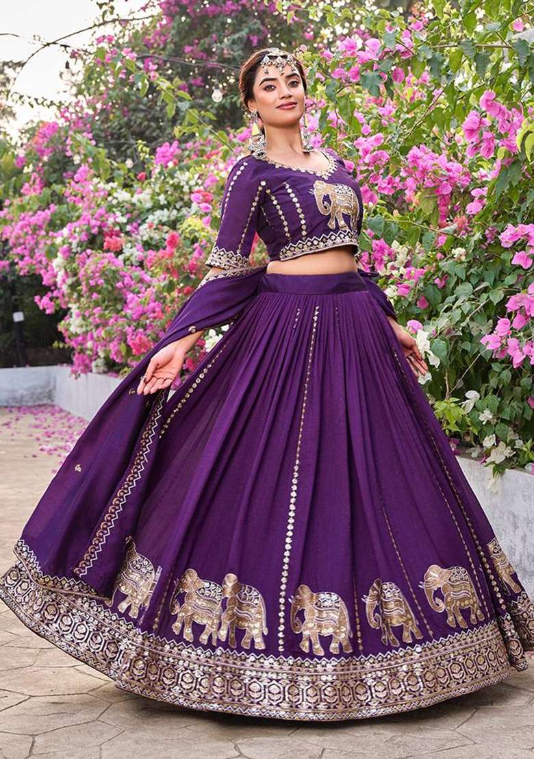 Wine Sequin Work Vichitra Lehenga Set for Diwali and Festive Wear - Indya