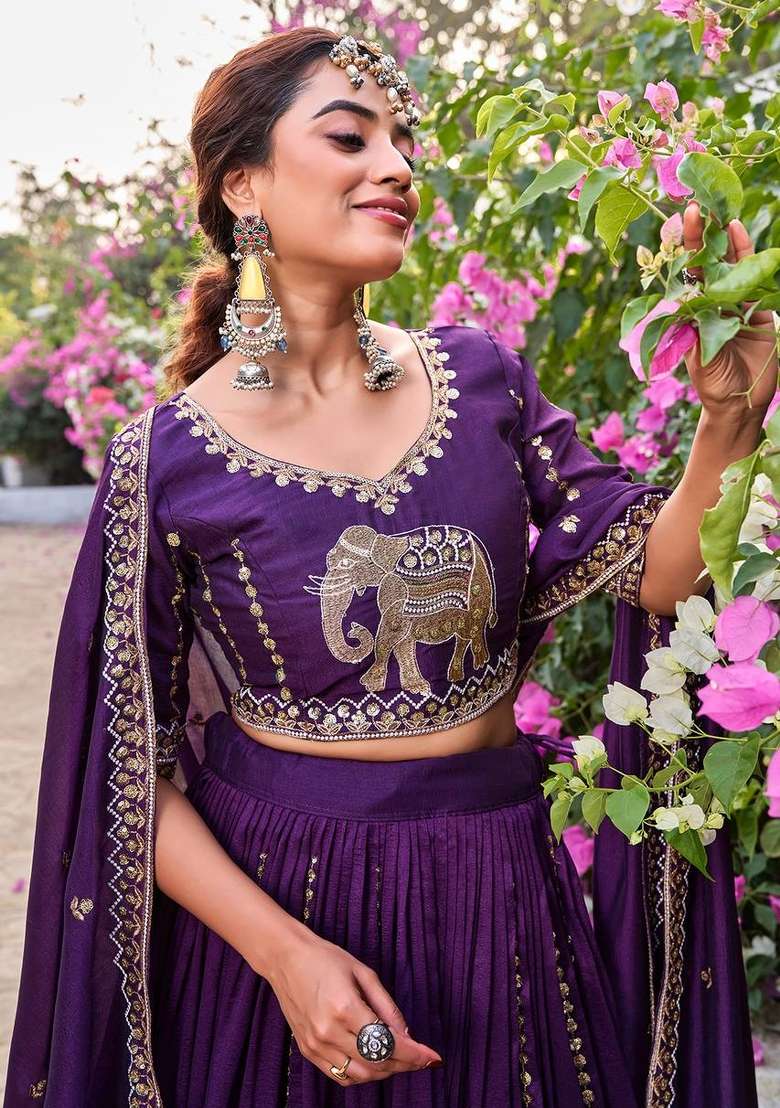 Wine Sequin Work Vichitra Lehenga Set for Diwali and Festive Wear - Indya
