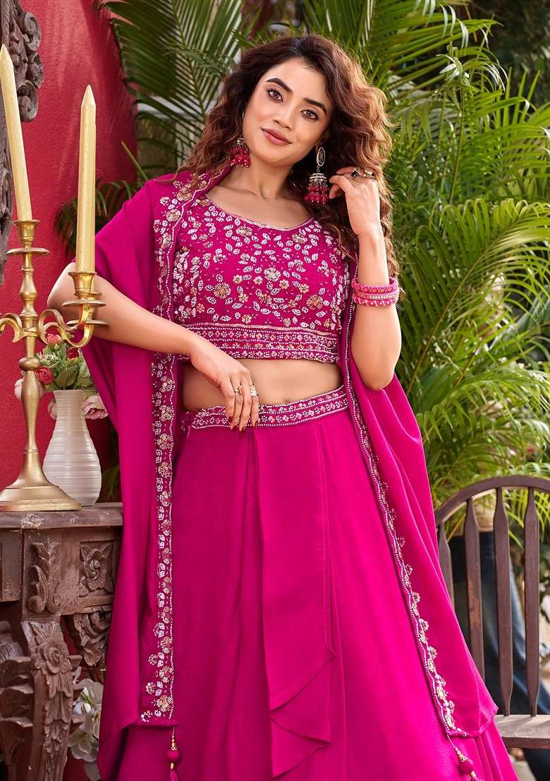 Pink Work Silk Lehenga Set with Sequin for Diwali | Wedding & Festive Wear - Indya