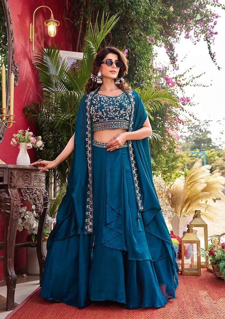 Rama Work Silk Lehenga Set with Sequin for Diwali | Wedding & Festive Wear - Indya