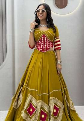 Mustard Mirror Work Cotton Lehenga Set for Diwali and Festive Wear