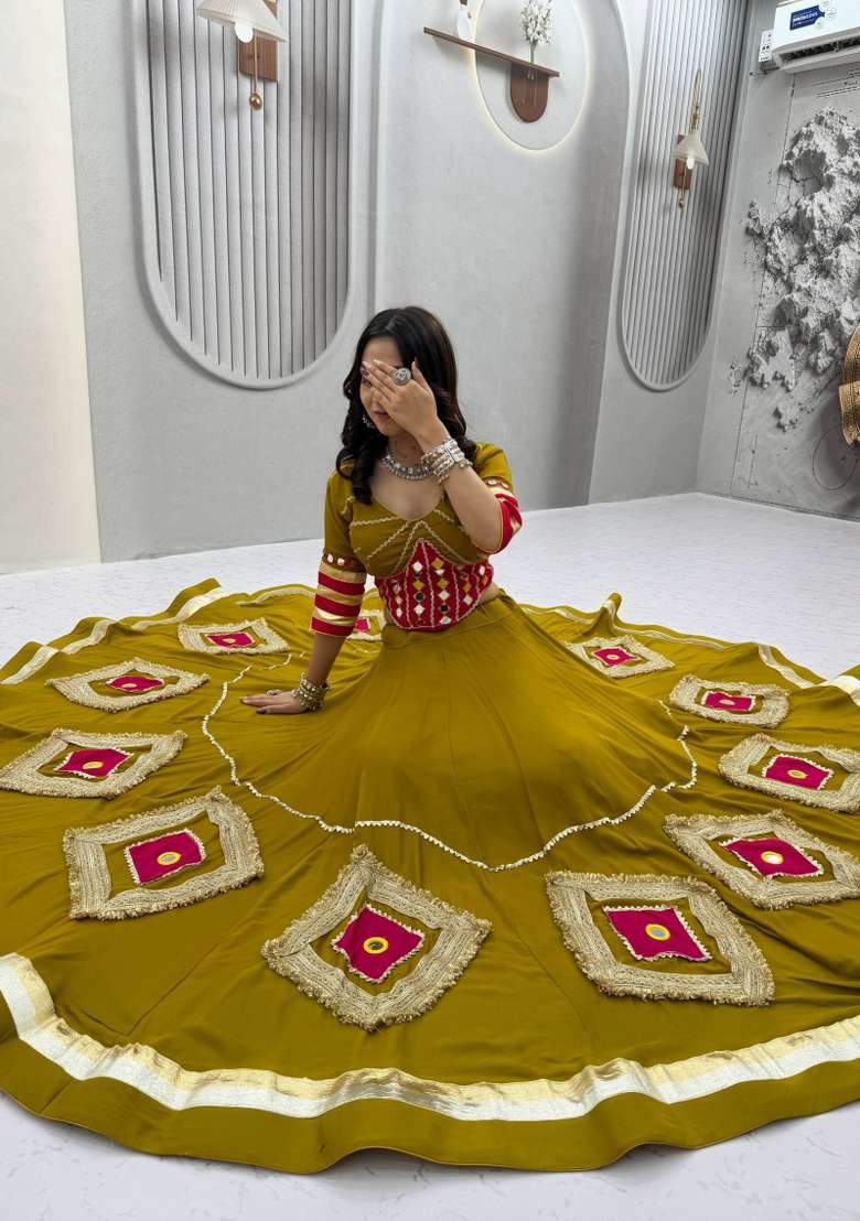 Mustard Mirror Work Cotton Lehenga Set for Diwali and Festive Wear - Indya
