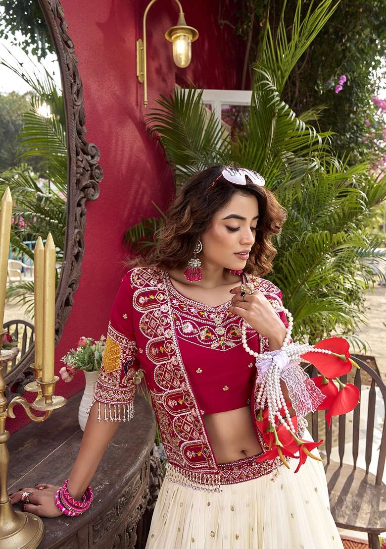Red Embroidery Vichitra Lehenga Set for Diwali and Festive Wear - Indya