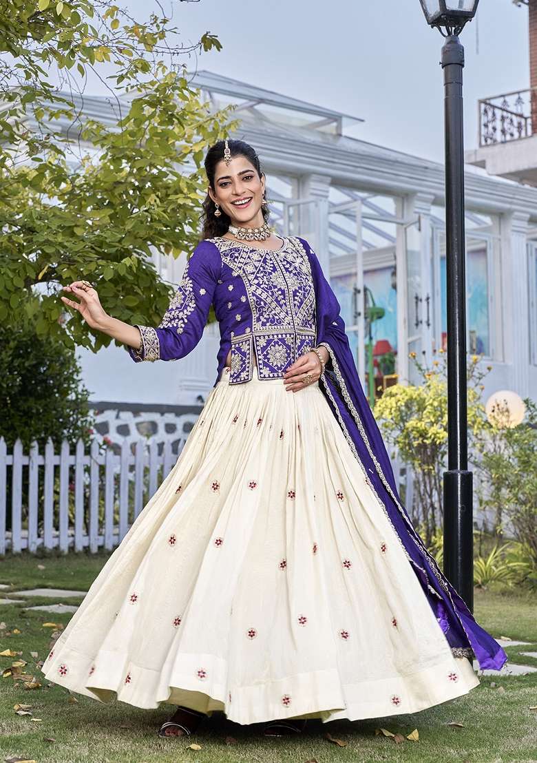 Blue Work Vichitra Lehenga Set with Sequin for Diwali | Wedding & Festive Wear - Indya