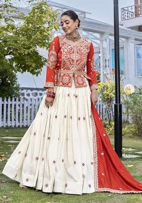 Orange Work Vichitra Lehenga Set with Sequin for Diwali | Wedding & Festive Wear